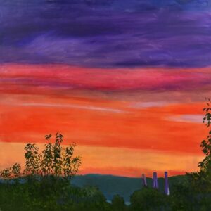 A painting of the sunset over the Hudson River as seen from near Irvington. The Governor Mario M. Cuomo Bridge is partially visible in the distance behind trees in the foreground at the base.