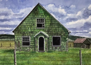 A painting by artist Jim Maciel, depicting a green-shingled house sitting in a grassy field, surrounded by a fence.